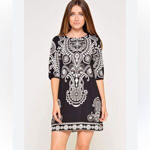 New Directions Women’s Size 12 Sheath Dress Black White Knee Length 3/4 Sleeve
